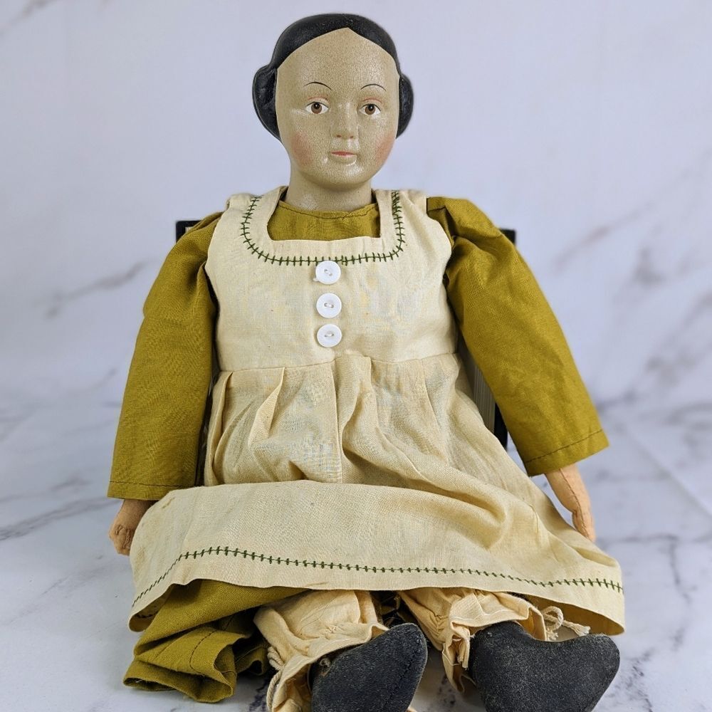 Vintage Paper Maiche Molded Head Doll Hand Painted Ochre 20" Length